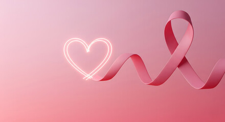 A pink awareness ribbon curls across a pink gradient background, twisting into a loop on the right, and the ribbon's trail forms a glowing, white neon heart outline on the left. Generative AI.