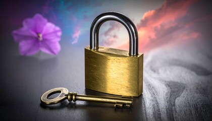 Brass padlock and key on dark surface with soft focus background