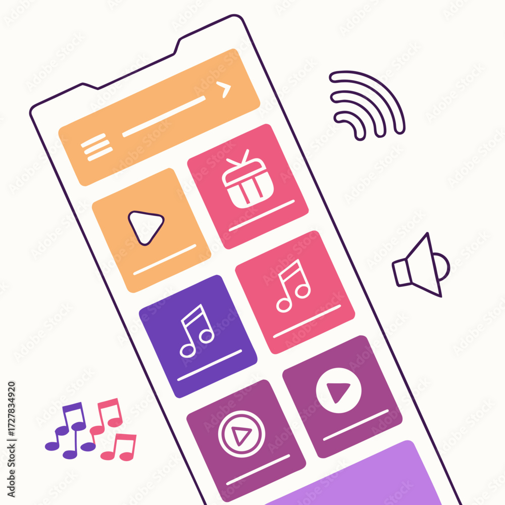 Wall mural modern smartphone interface displaying colorful music player app icons and controls with audio and w