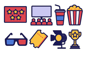 Cinema Vector Icons. Movie experience in modern flat vector : opening credits card, cinema screen, 3D glasses, soda cup, popcorn bucket, entry ticket,