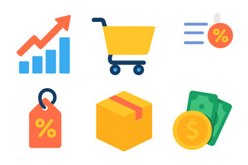 E-commerce Icon Set. E-commerce in modern flat vector : sector trend, shopping cart, receipt, discount tag, package, cash gain