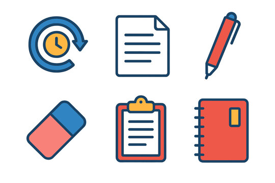 Modern Document Tools. Document tools in modern flat vector : edit history, paper sheet, red pen, eraser, clipboard, notebook