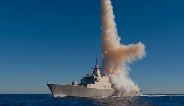 Gray naval corvette or frigate firing vertical launch missile with bright orange exhaust plume and white smoke cloud, modern warship on blue ocean waters during weapons test
