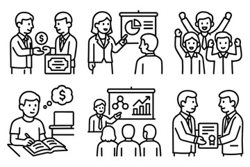 Business Icon Set. Situations icons in outline style: investor receiving payout, accountant explaining dividend, business team celebrating, student
