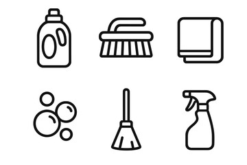 Cleaning Essentials Icons. Household cleaning icons in outline style: detergent bottle, scrub brush, towel, broom, soap bubbles, spray trigger