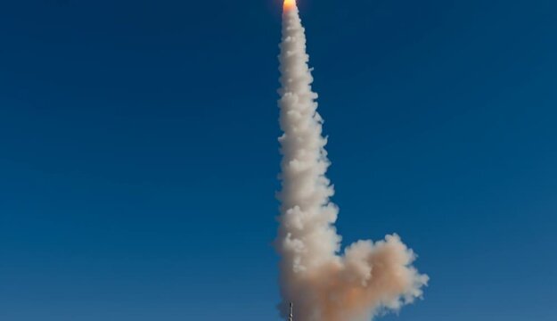 Gray naval corvette or frigate firing vertical launch missile with bright orange exhaust plume and white smoke cloud, modern warship on blue ocean waters during weapons test
