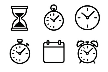 Classic Time Icons. Classic time icons in outline style: sand hourglass, pocket watch, wall clock, stopwatch, calendar page, alarm bell