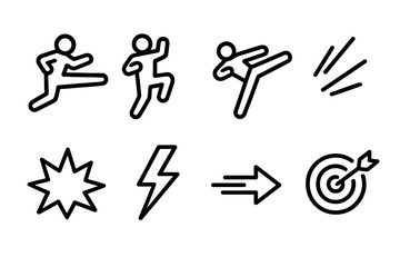 Dynamic Action Icons. Action moves icons in outline style: flying kick, jump punch, spinning kick, strike lines, explosion, lightning bolt, fast