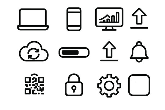 Digital Icon Set. Digital margin boost icons in outline style: laptop screen, smartphone app, dashboard chart, cloud sync, progress bar, upload arrow