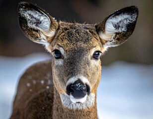 Close-up of a young deer in the snow