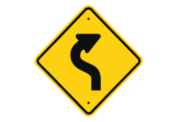 Winding road traffic sign warning of curves ahead
