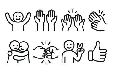 Joyful Gestures Icons. Joyful gestures icons in outline style: happy arms, raised hands, high five, clapping hands, hug, fist bump, victory pose,