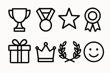 Award Icons Collection. Objects icons in outline style: trophy, medal, star, ribbon, gift box, crown, laurel wreath, smiley face