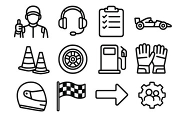 Racing Icons Collection. Race lap counter icons in outline style: pit crew, headset, clipboard, racing car, track cones, wheel, gas pump, gloves,