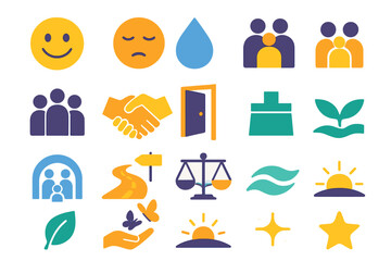 Emotional Care Icons. Emotional care in modern flat vector : smiley face, calm face, tear drop, family icon, group avatars, handshake, open door,