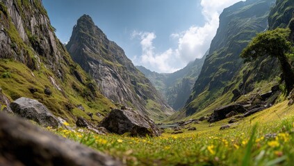 Lush valley nestled amongst towering, dramatic mountains under a vibrant, partly cloudy sky.