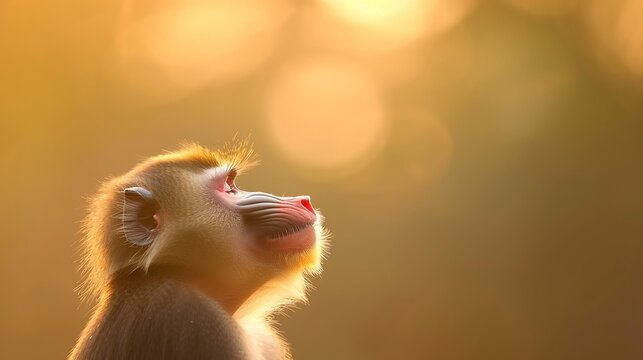 A monkey looks up towards the warm golden light of the setting sun
