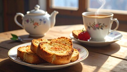 Breakfast by the window with tea and bread