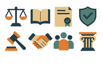 Ethics Icon Set. Ethics framework icons set of icons in abstract flat : balance scale, open book, contract paper, shield with check, gavel, handshake