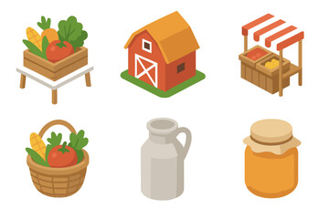 Farm to Table Icons. Market life set icons in modern isometric flat : farm to table, barn, stand, basket, milk jug, honey jar