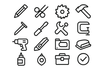 Obraz premium Tool Icons Collection. Work actions icons in outline style: marking pencil, scissors, saw blade, hammer, nail, screwdriver, wrench, clamp, drill,