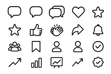 Minimalist Engagement Icons. Engagement icons icons in outline style: speech bubble, comment bubble, chat thread, heart, star rating, thumbs up,