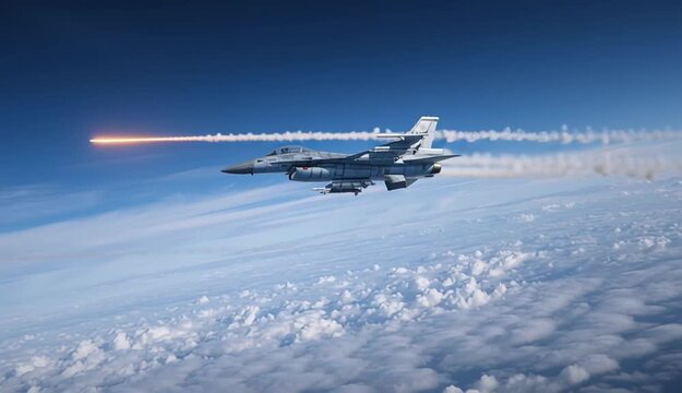 Military fighter jet firing air-to-air missiles with bright orange exhaust trails against blue sky, modern combat aircraft launching guided missiles

