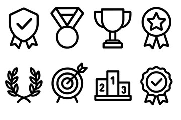 Achievement Icons Set. Achievement set icons in outline style: trust badge, medal, trophy, star badge, laurel wreath, target dart, podium, approval