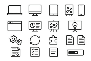 Work Organization Icons. Work organization icons in outline style: laptop, desktop screen, tablet, mobile phone, browser window, dashboard, strategy