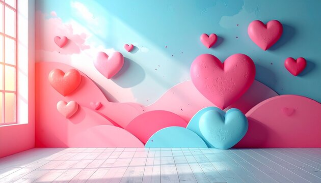 Whimsical minimalist design shapes, romantic rendered element wallpaper cheerful playful abstract fun style heart Valentines Day