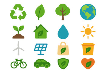 Sustainability Icons Collection. Sustainability symbols in modern flat vector : recycling arrows, green leaf, tree, globe, sprout, eco house, water