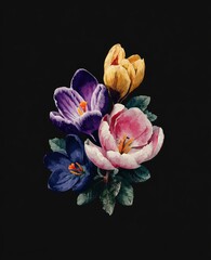 Vibrant spring blossoms in shades of purple, pink, and yellow, arranged in a bouquet against a striking black backdrop.