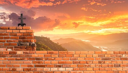Brick wall overlooking a vibrant sunset over hills