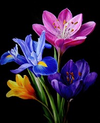 Vibrant floral still life featuring a bouquet of irises, lilies, and crocuses in rich, detailed colors against a dark backdrop.