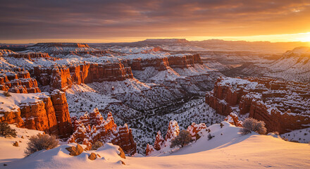 Snow-dusted canyon under a golden sunrise