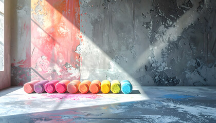 Colorful Chalk Cylinders Arranged on a Textured Wall Surface