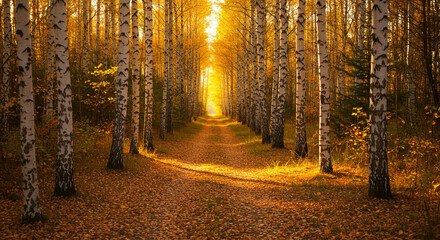 Obraz premium Golden autumn path through a birch forest