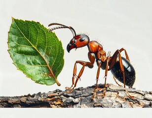 Close-up of an ant on a branch with a leaf