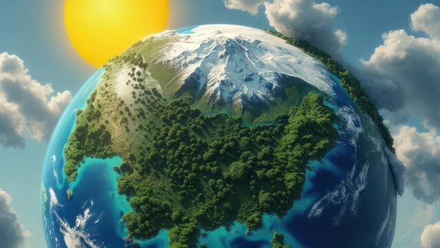 A vibrant and healthy Planet Earth with lush green forests and snow capped mountains under a bright sun.