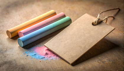 Colorful Chalks and Blank Tag on a Rustic Surface for Craft Projects