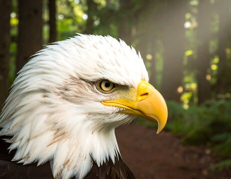 Close-up of an eagle's head in a forest