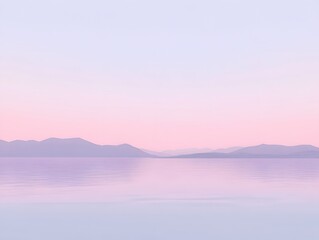 Obraz premium Serene Pastel Sunset Landscape, Calm Water, Silhouetted Mountains