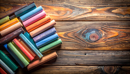 Colorful Chalk Sticks Arranged on Rustic Wooden Table Surface