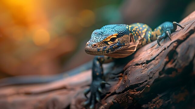 A blueheaded lizard rests on a textured tree branch in the warm sunlight