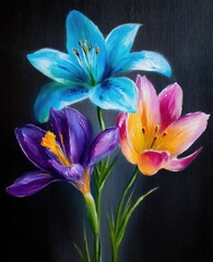 Vibrant blossoms of spring, depicted in rich color, arranged on a dark backdrop, showcasing the details and strokes of oil painting technique.