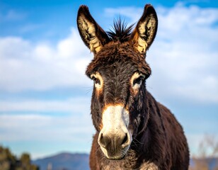 Fototapeta premium Close-up of a donkey's face against a partly cloudy sky