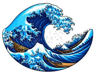 Circular graphic of a large, powerful wave
