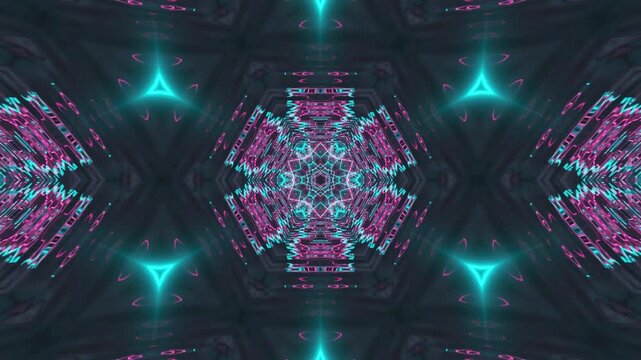 Abstract kaleidoscope mandala neon acid background with glowing hexagonal fractal structures, dynamic futuristic geometry transforming into endless symmetry patterns
