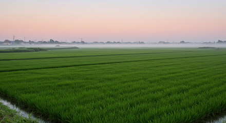 Obraz premium Green rice paddies reflecting morning sky