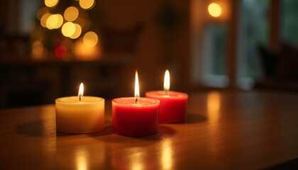 Cozy Rustic Wooden Table with Three Lit Candles